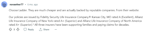 A positive Ladder life insurance review found on Reddit. 