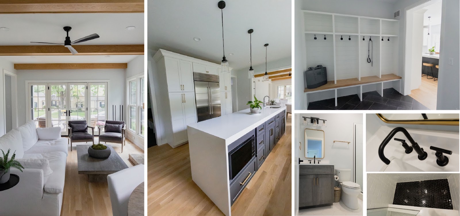 Open Floor plan kitchen & living space with matte, while oak flooring, wood and metal accents. White kitchen with a contrasting island featuring waterfall countertops. A mudroom and 3/4 hall bath with black and brass accents.