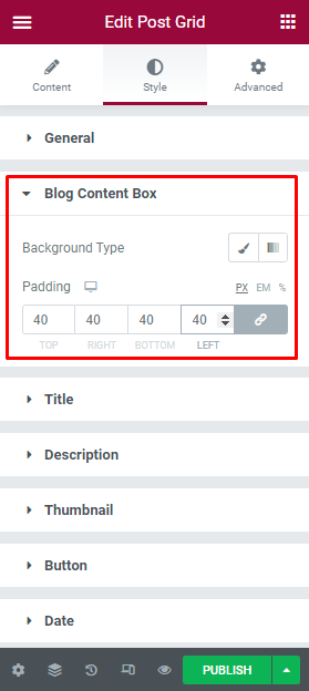 Post Grid blog content box settings tab