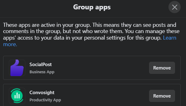 Apps in Facebook group settings