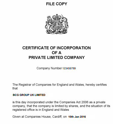 UK Company certificate of incorporation 