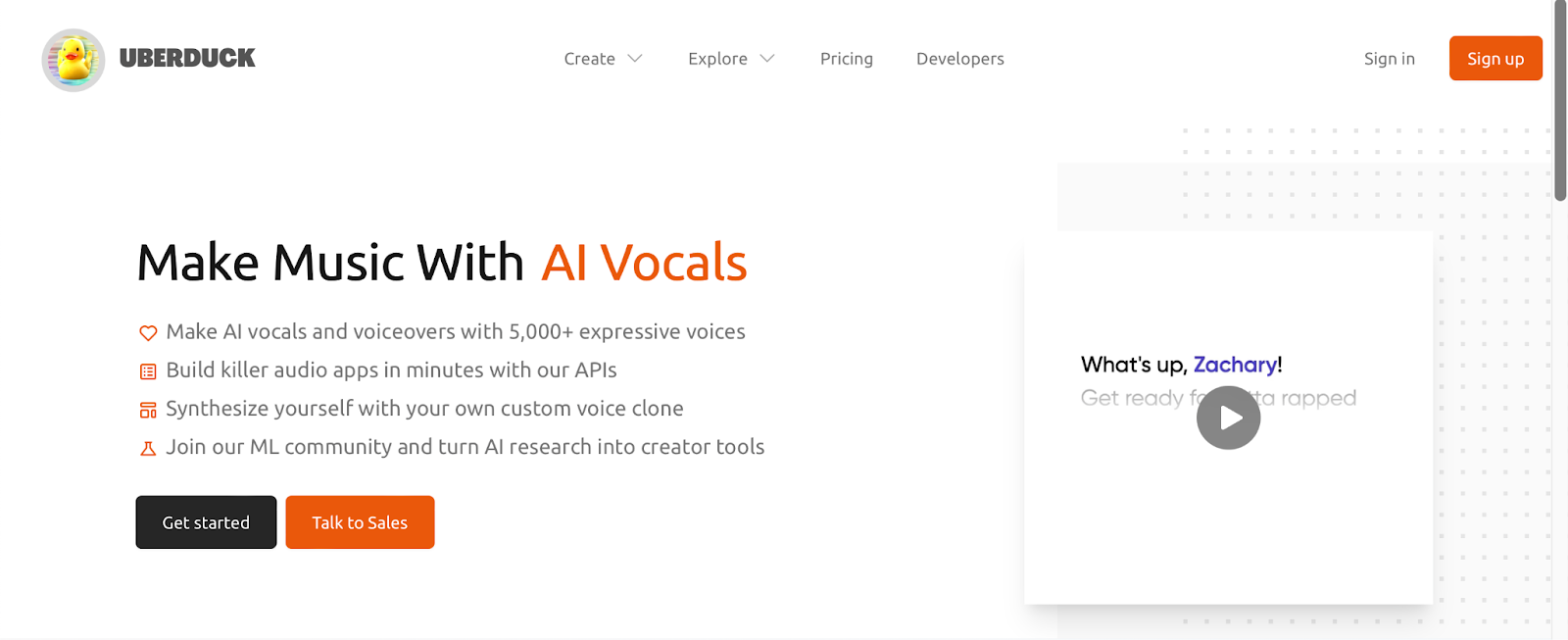 The Uberduck homepage that states you can 'make music with AI vocals'. 