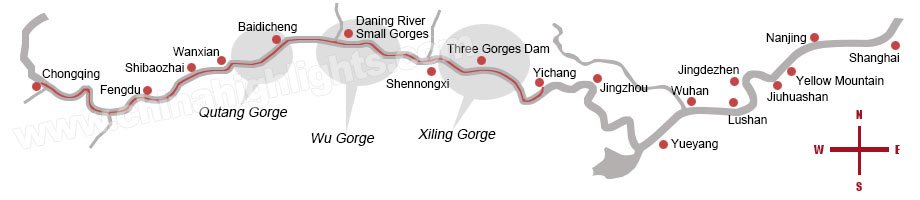 Chinarundreisen-Yangtze Kreuztfahrt Route