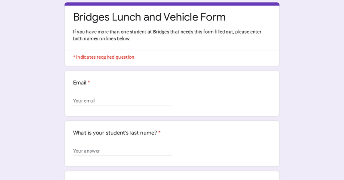 Bridges Lunch and Vehicle Form