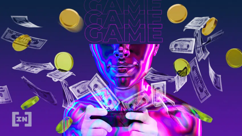 Eine neonfarbene Gestalt spielt auf einem Smartphone. Sie ist umgeben von herunterfallendem Geld. Das Gesicht wurde mit dem Wort “Game” ersetzt. Eine Illustration zu IGOs oder Initial Game Offerings. Ein Bild von BeInCrypto.com.