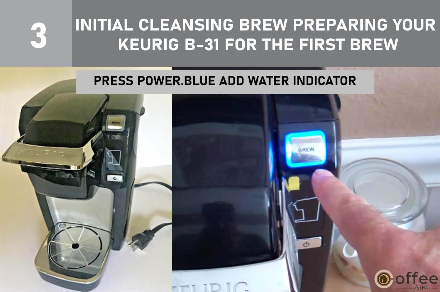In the process of conducting the initial cleansing brew and preparing your Keurig B-31 for its inaugural cup, it is imperative to press the distinguished Power Button while also observing the conspicuous blue Add Water Indicator.