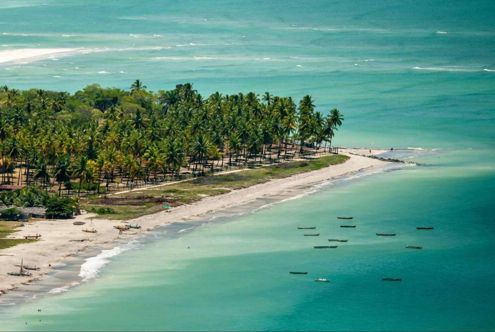 Orla da Praia de Itamaracá, com águas esverdeadas e coqueiros do lado esquerdo. Alguns barcos de pesca estão ancorados no mar. 