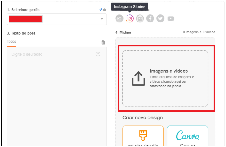 Como postar várias fotos no Instagram 3: Na imagem temos as informações da aba "agendar post", nela é possível selecionar o perfil que será publicado o conteúdo, subir uma foto para o conteúdo, criar a sua própria arte por meio do mLabs Studio ou Canva e a rede social. Um retângulo em vermelho destaca a opção "Imagens e Vídeos: Envie arquivos de imagens ou vídeos criando aqui ou arrastando na janela"