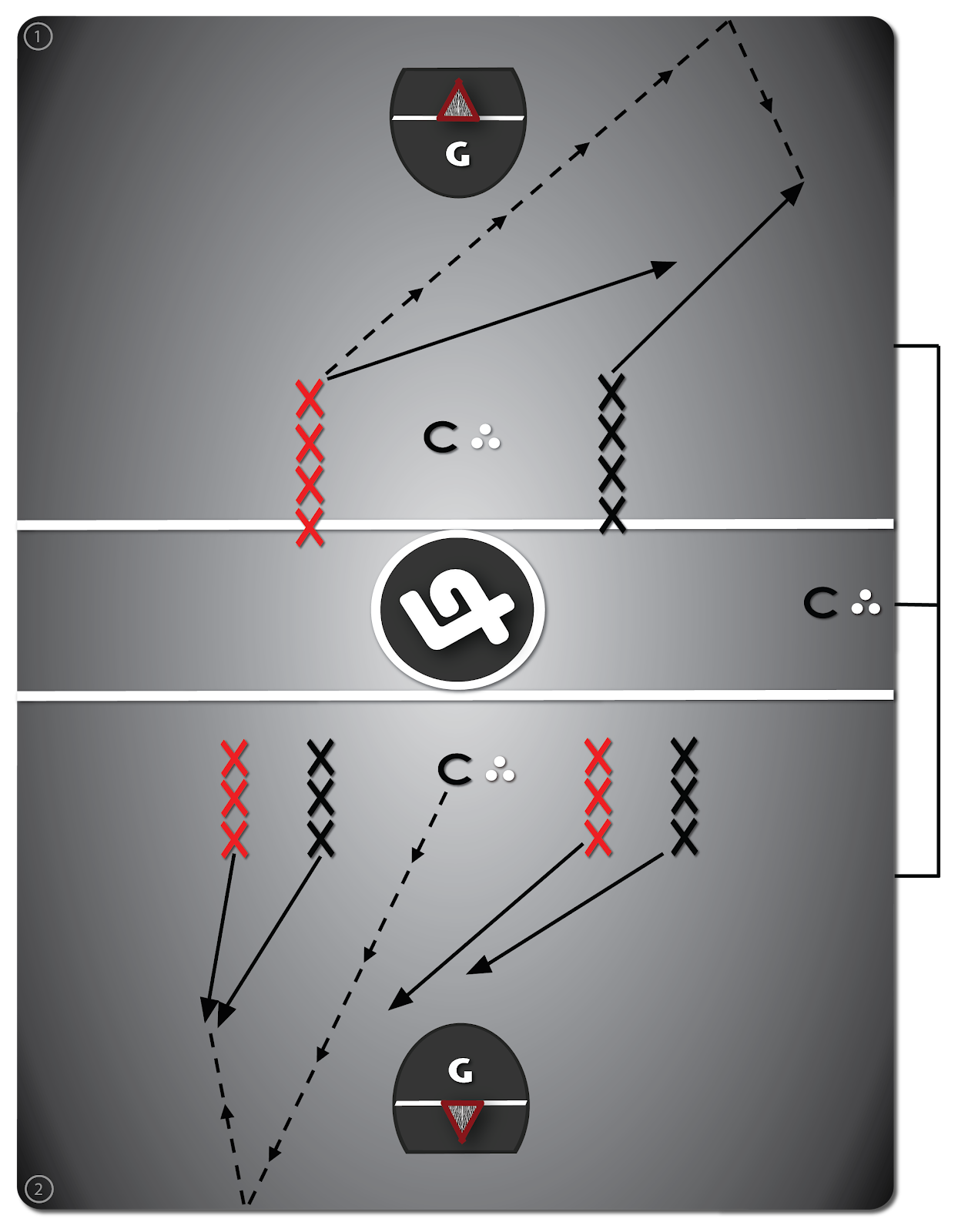 Lacrosse Diagram Drill #4: Loose Ball Battle - players go 1-on-1 and 2-on-2, chasing loose balls