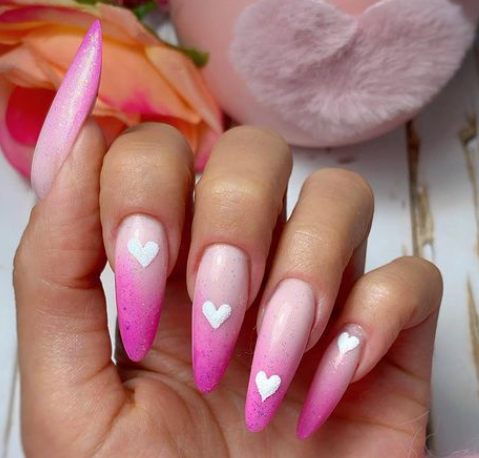 White Hearts pink ombre nails