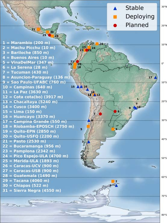 Geographical distribution and altitudes of the LAGO detection network showing the currently operative detectors