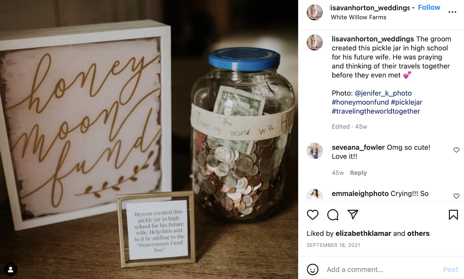 lisa van horton wedding instagram photo of honeymoon fund