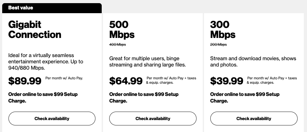 Screenshot of Verizon Fios internet plan.