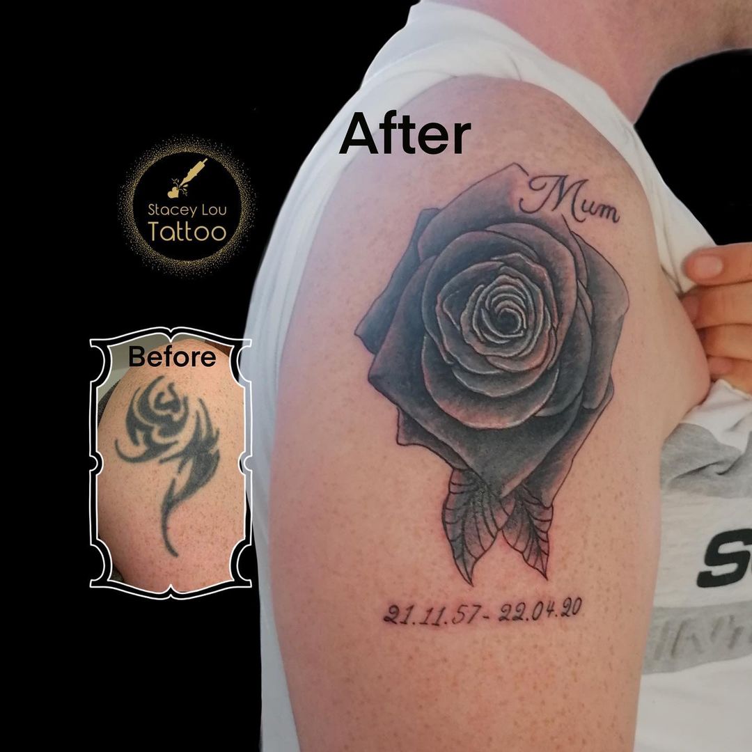 Amazing Gray Rose Shoulder Tattoo