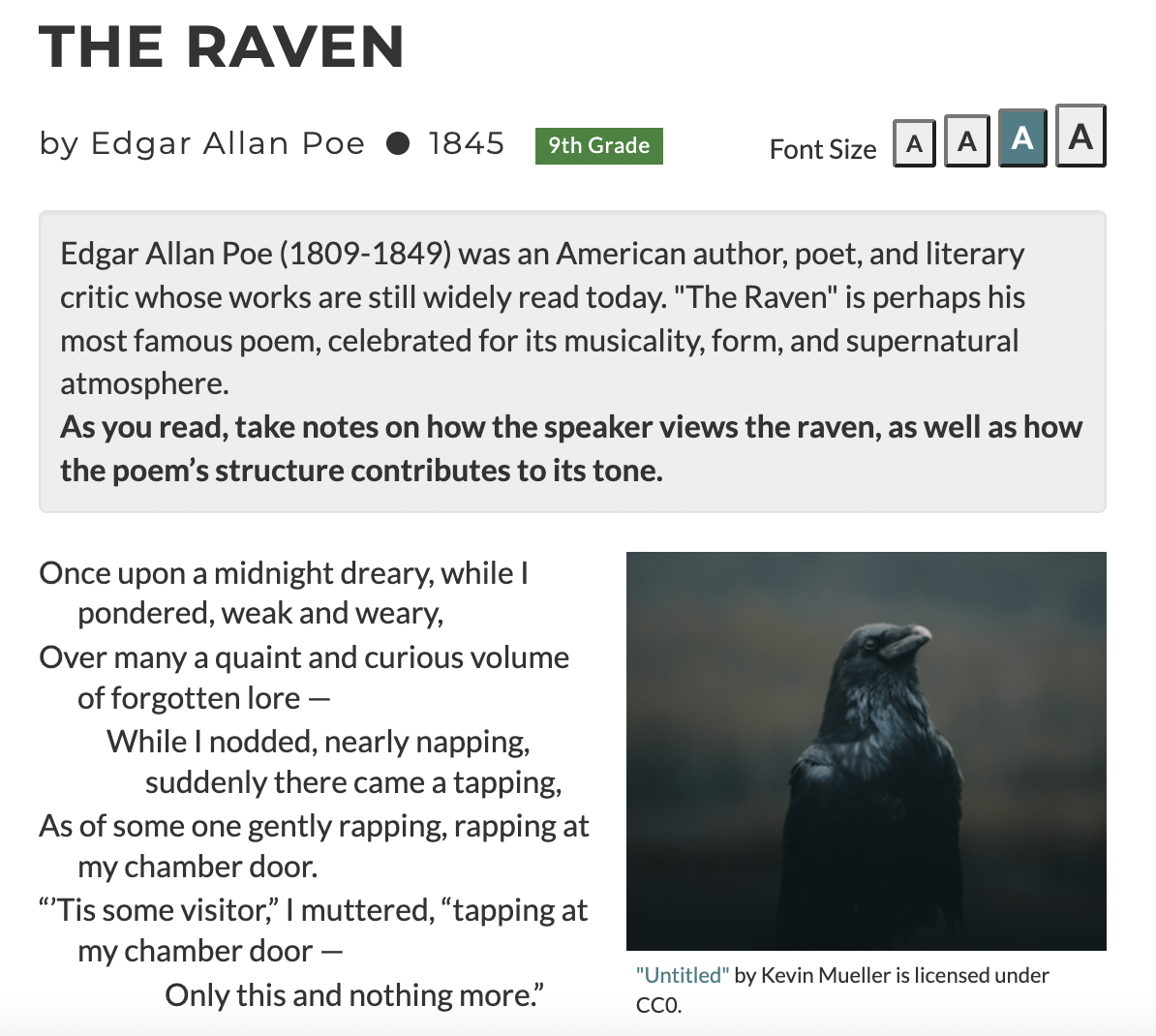 A screenshot of the first few lines of "The Raven" by Edgar Allan Poe.