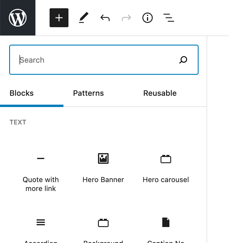 Screenshot of block library drawer that appears when you click the plus icon in the top toolbar. Icons representing each block are presented in three tabs: Blocks, Patterns, and Reusable.