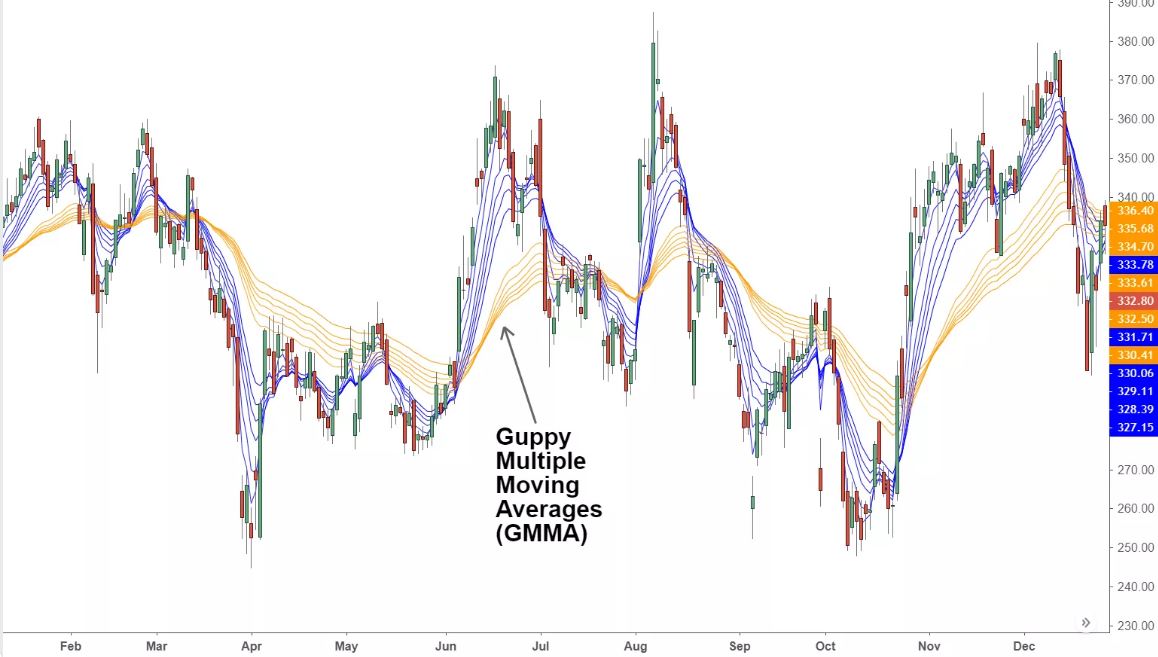 Gráfico de candlesticks - Setup com 12 médias móveis - Daryl Guppy