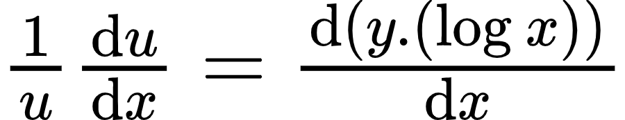 {"code":"$\\frac{1}{u}\\diff{u}{x}=\\diff{\\left(y.\\left(\\log_{}x\\right)\\right)}{x}$","id":"21-0","font":{"size":12,"color":"#000000","family":"Arial"},"type":"$","ts":1598355482540,"cs":"98Csl6+NlzCv2wH75+wwFQ==","size":{"width":149,"height":28}}