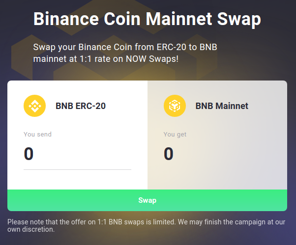 Binance Coin Mainnet Swap