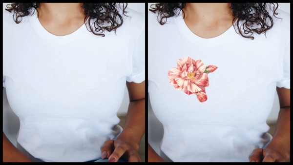 antes e depois da foto de uma mulher morena sendo que uma das fotos a camiseta está estampada