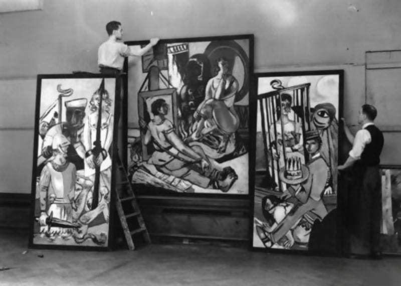 Max Beckmann triptych being hung at London’s New Burlington Galleries, July 1938, via Getty Images