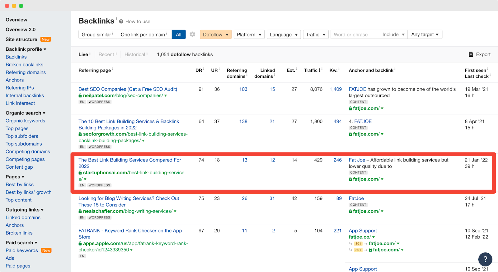 Competitor backlink analysis: competitor's backlinks data