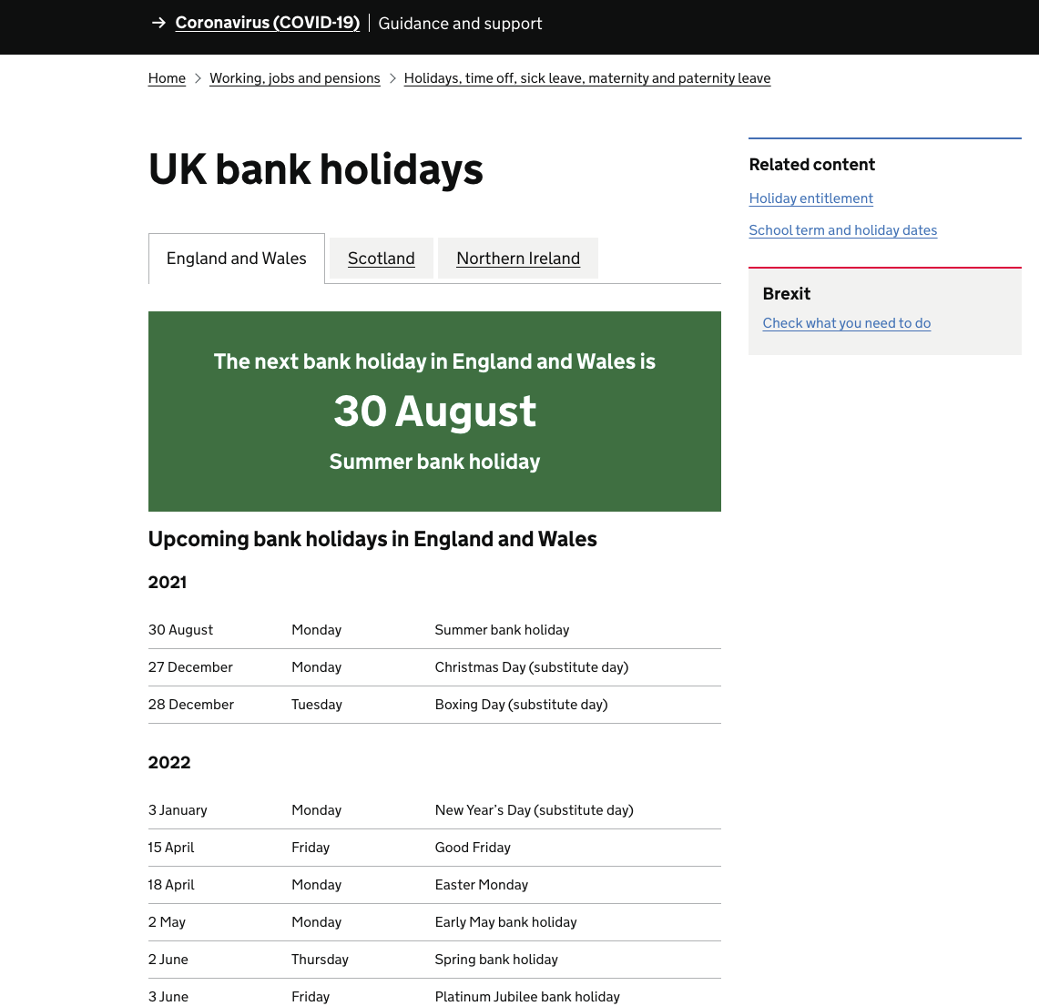 Current gov.uk website for bank holidays