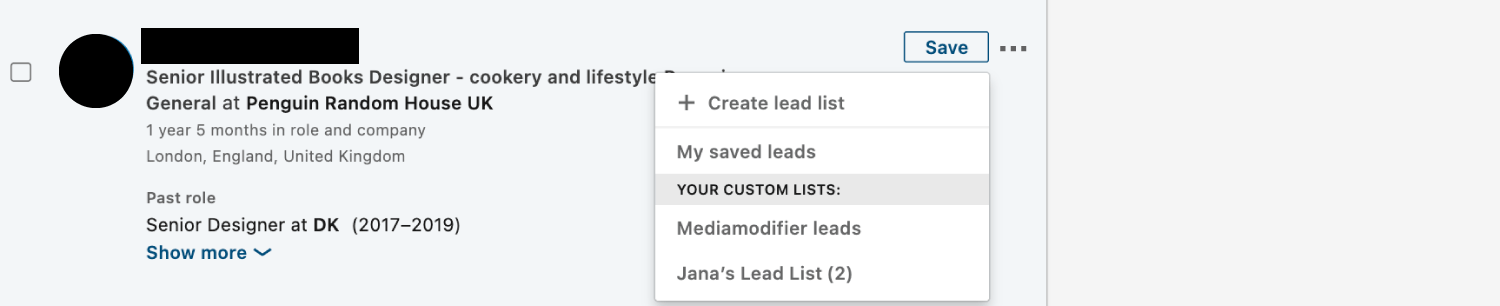 Add a lead to a list by clicking the "Save" button next to a person's name