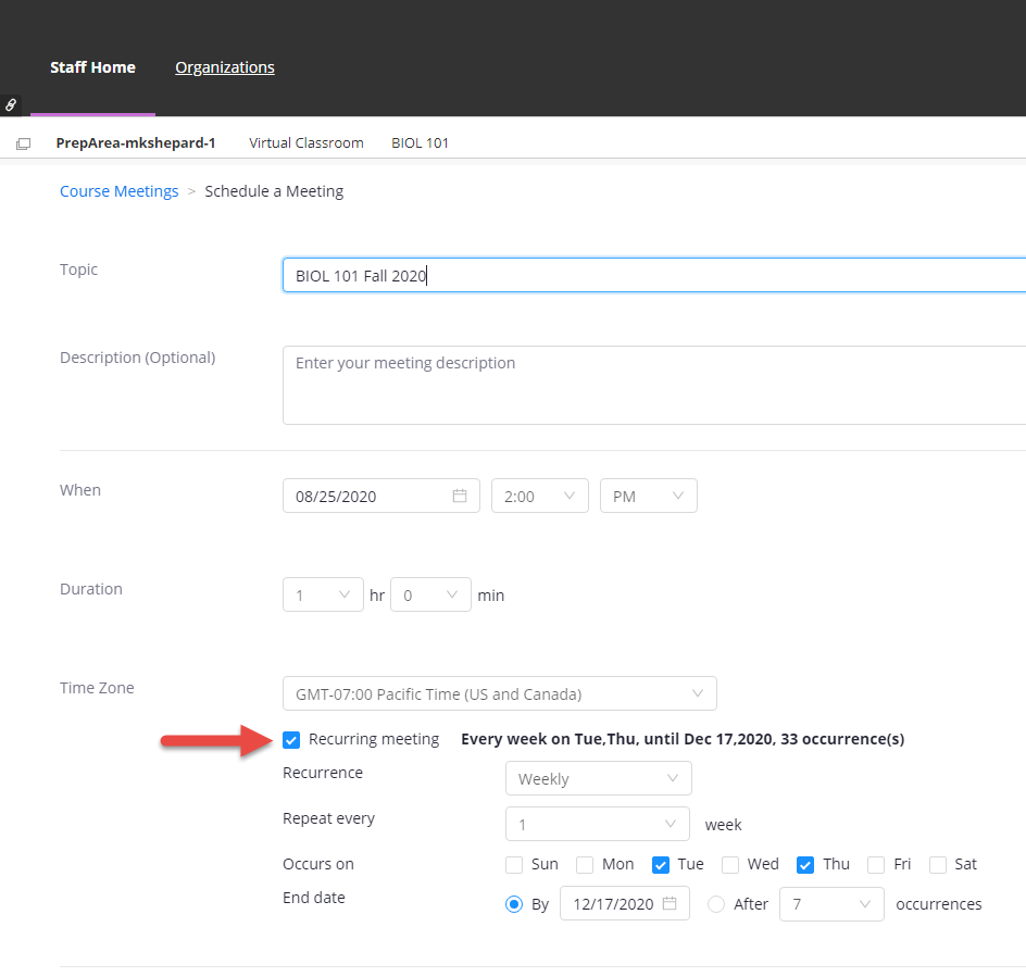 Schedule meeting page with arrow pointing to the recurring meeting checkbox