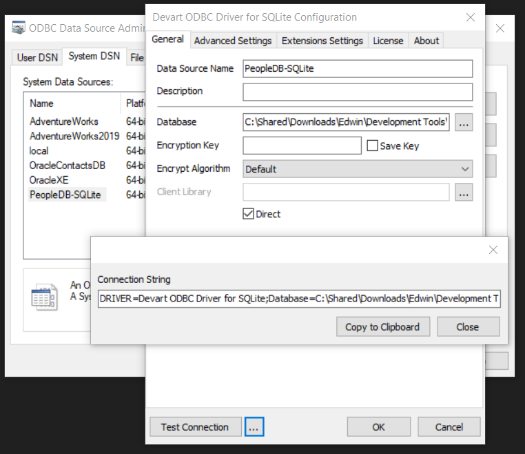 Generating a DSN-less connection string in the Devart ODBC Driver for SQLite. Simply click the Ellipsis button beside the Test Connection button. Then click Copy to Clipboard.