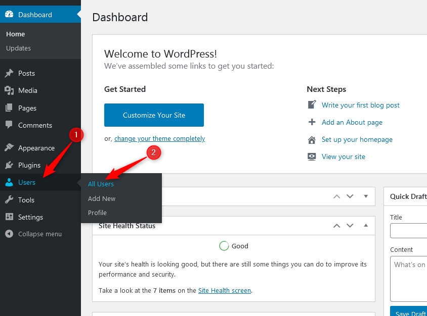 access users section in WordPress