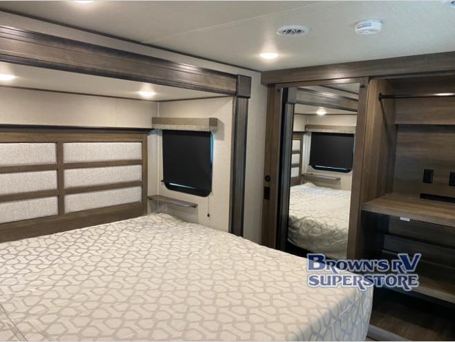 Master bedroom in the Grand Design Solitude S–class fifth wheel