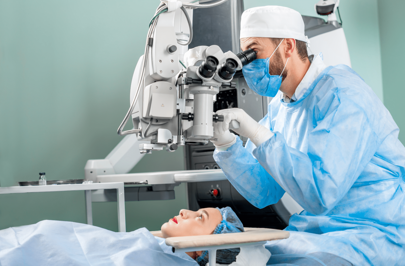 A male surgeon preparing for laser eye surgery on a female patient