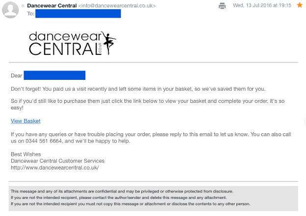 A plain-text email example from Dancewear Central