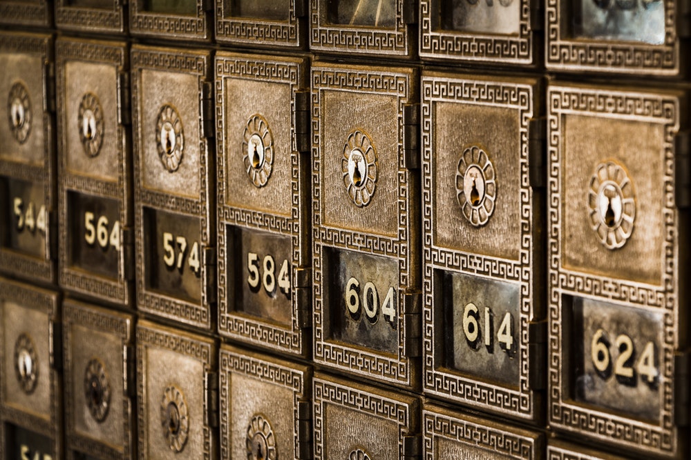 Numbers on metal deposit boxes in a bank