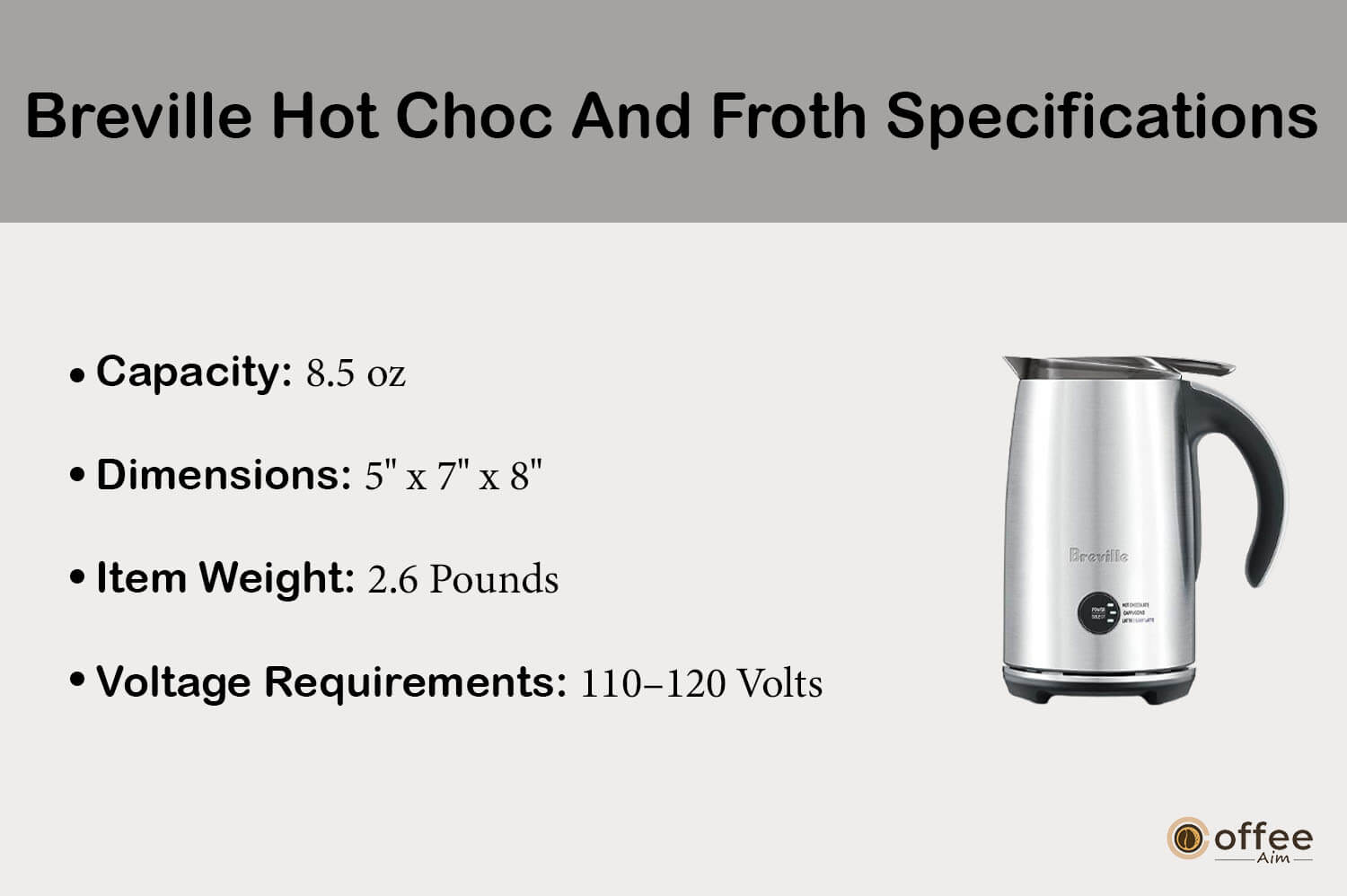 The image details the specifications of the "Breville Hot Choc And Froth" as featured in the article "Breville Hot Choc And Froth Review."