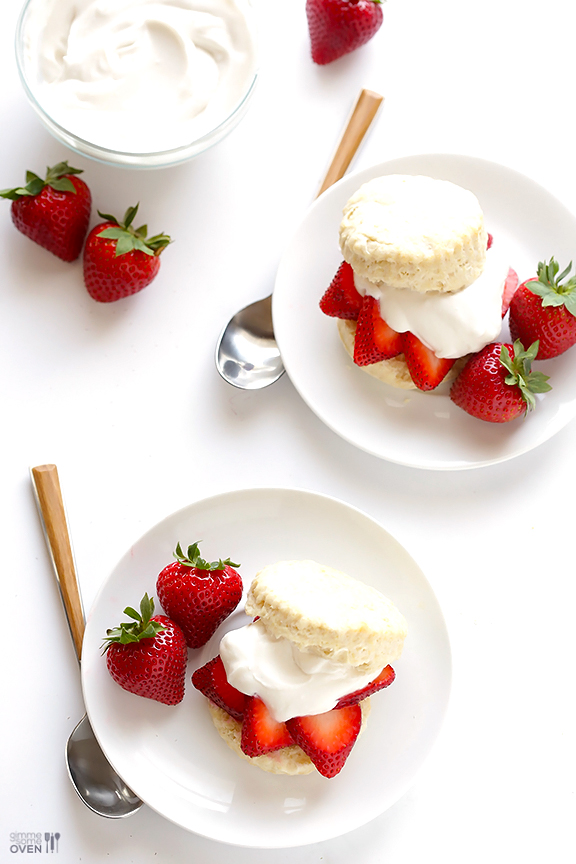 Strawberry Shortcake with Coconut Whipped Cream (Vegan) -- 4 ingredient biscuits, plus juicy strawberries, plus easy coconut whipped cream.  Delish! | gimmesomeoven.com #dessert #vegan