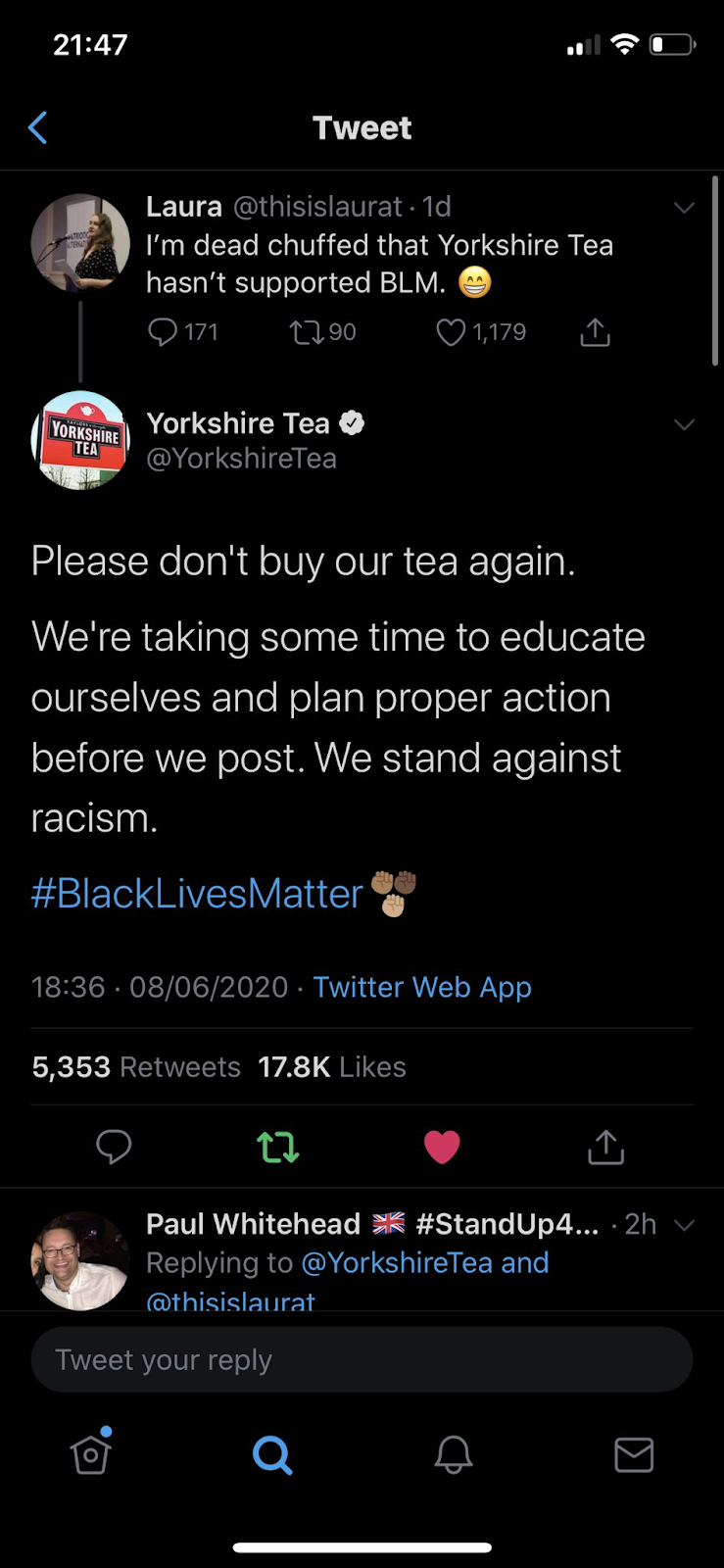 Image of Yorkshire Tea tweeting to taking a stand against racism during the BLM movement.
