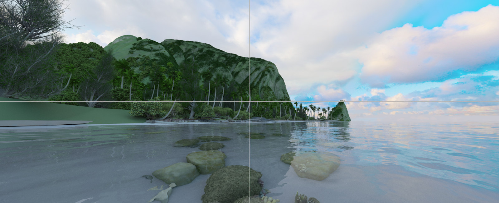 3D graphic of a shore next to a body of water, with trees in the background.