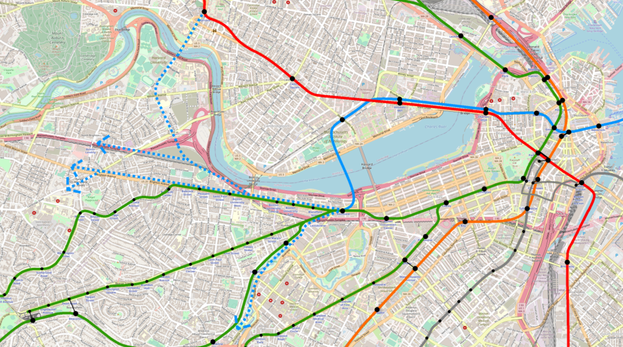 A map of the current MBTA rapid transit system, showing Back Bay, Longwood, Brookline, Allston, and Cambridge. The Blue Line is extended to Charles/MGH and then across the river to Kendall/MIT, where it then turns under the Grand Junction, stopping at Mass Ave, and then crossing under the Charles River again to land at Kenmore. Dotted lines mark possible extensions south to Longwood via the Riverside Branch, west to Allston/Brighton via Commonwealth or via the Mass Pike, or north to Harvard Square via Allston.