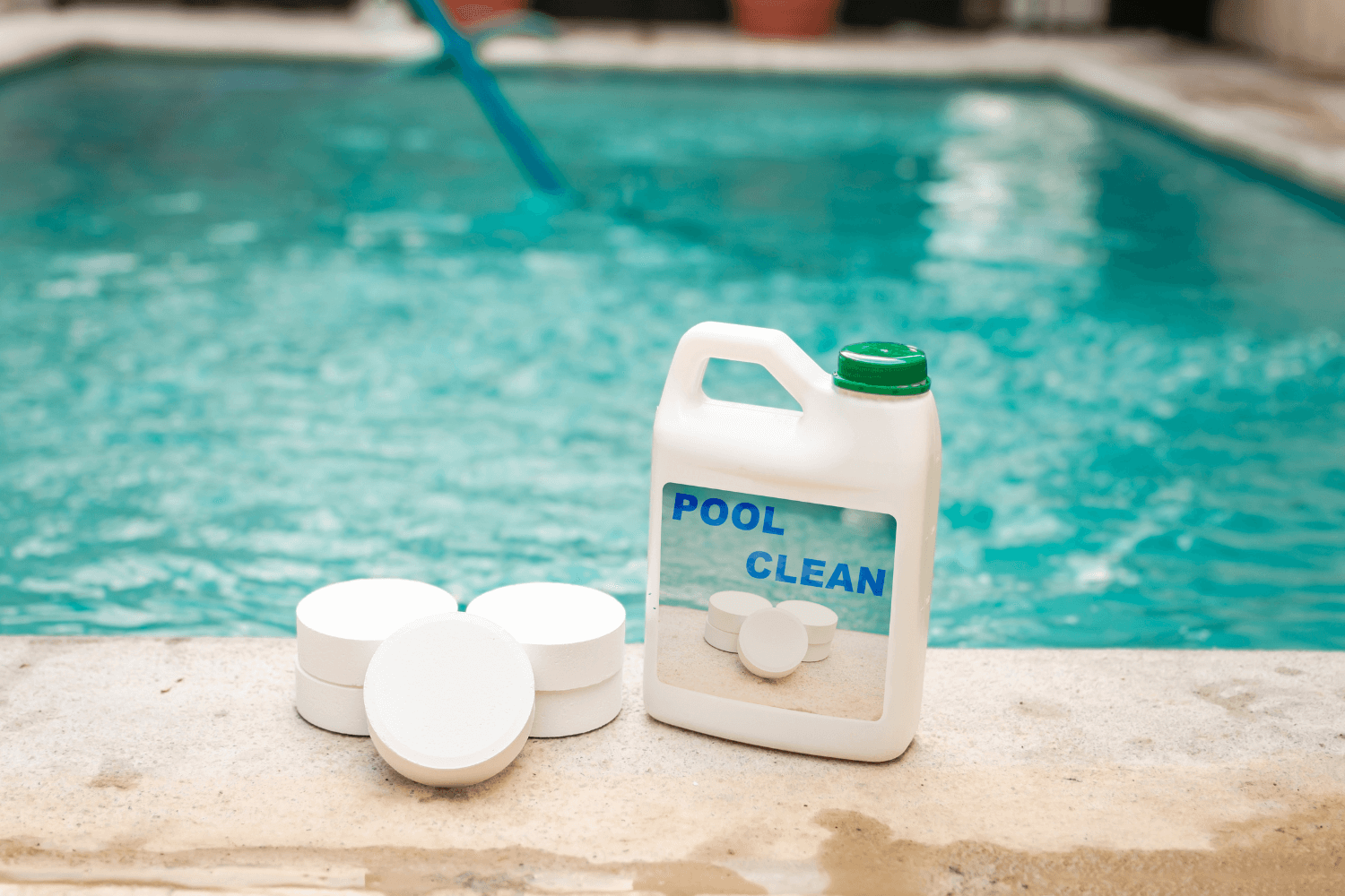 Chlorine tablets sitting next to a swimming pool