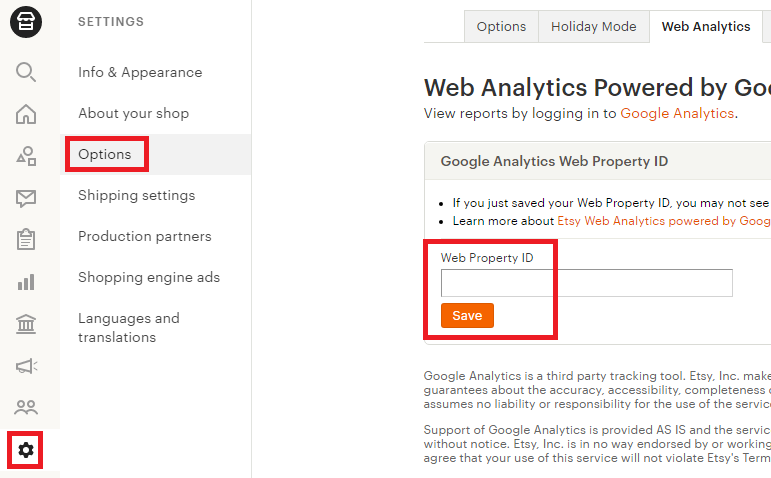 Etsy Google Analytics: find Web Property ID in Etsy Shop Manager