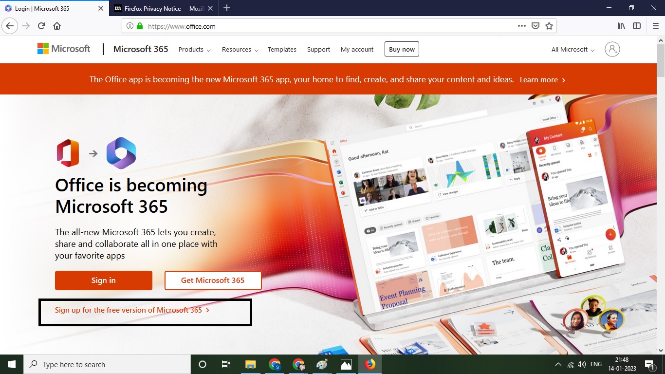 sign-up button on Microsoft office homepage