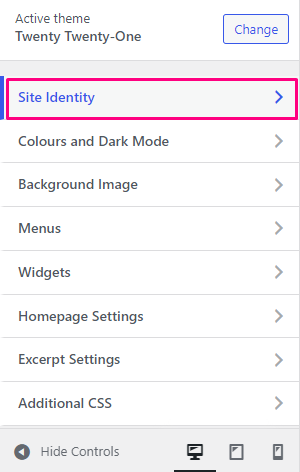 go to site identity option to change the favicon