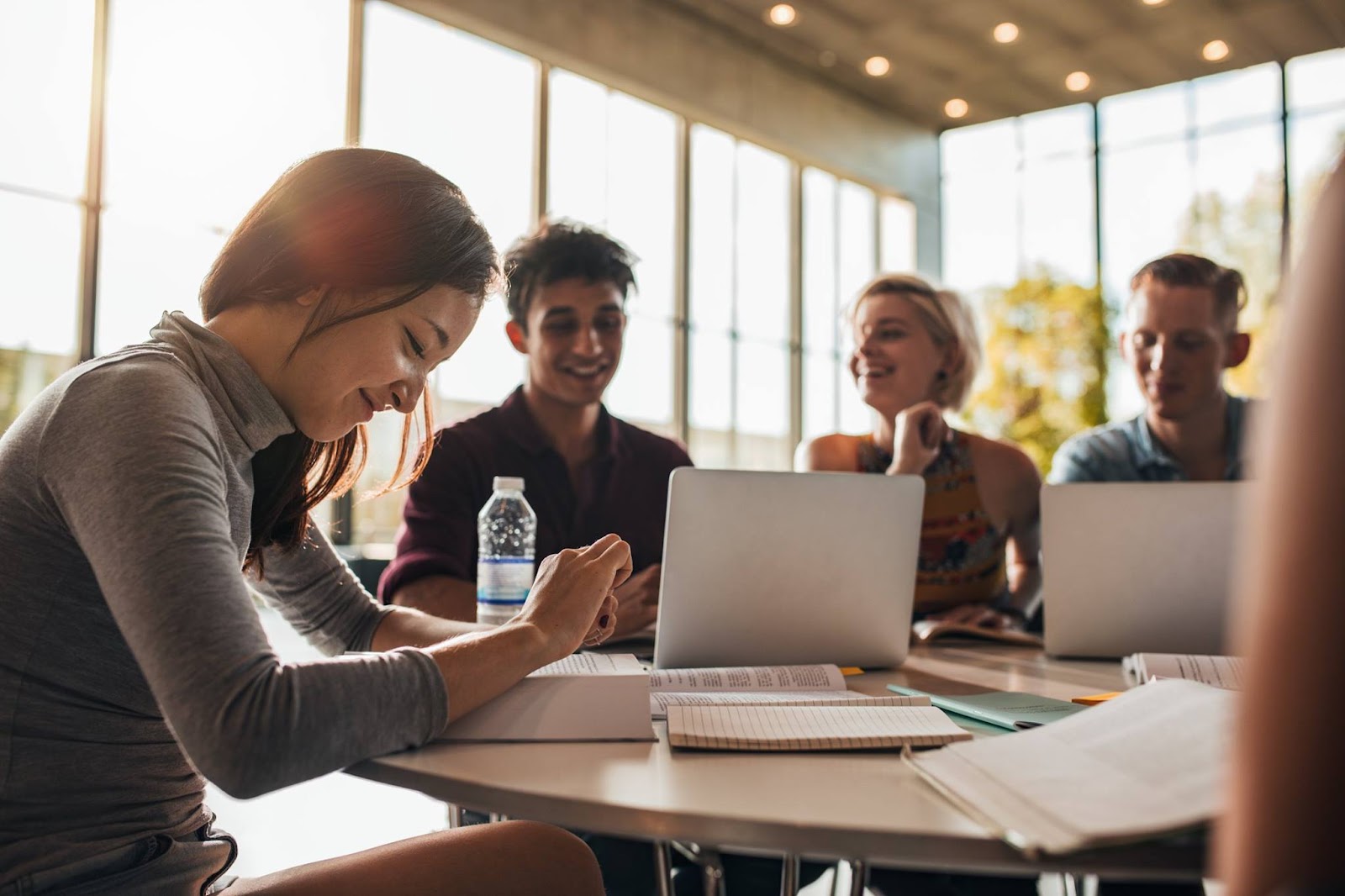 A photograph of a group of students studying