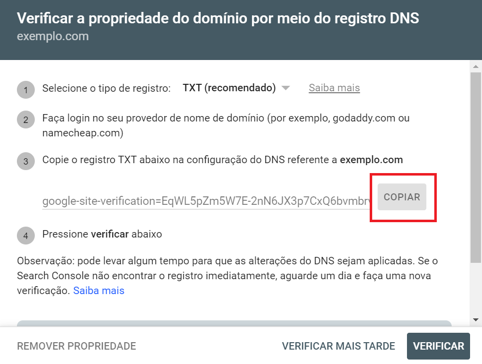 Google Search Console: print screen com os passos para verificação da propriedade de domínio por meio de DNS