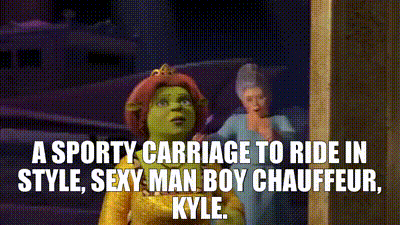 gif of the fairy  godmother in shrek showing princess fiona that she could have a sporty carriage and a sexy driver named Kyle