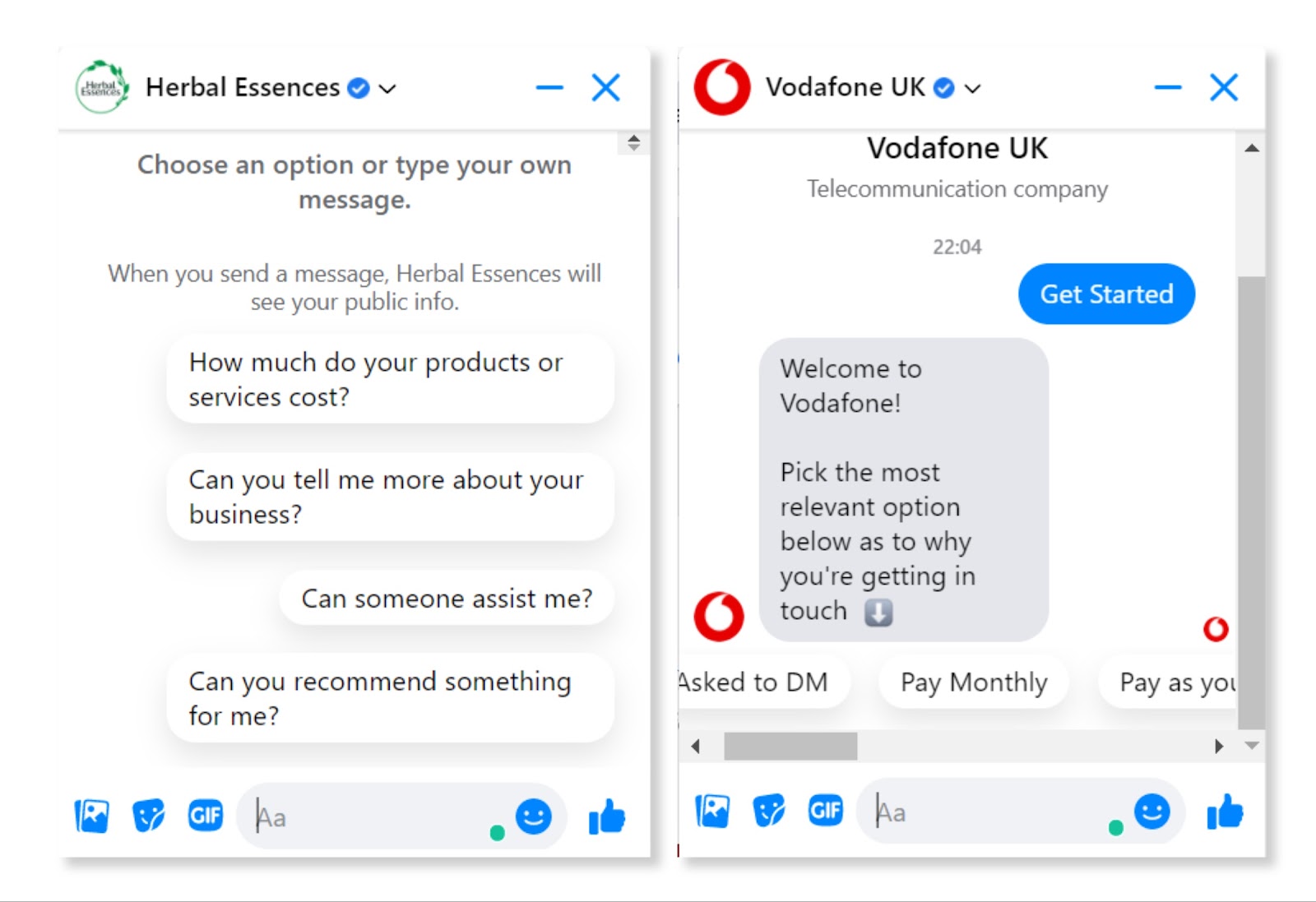 Vodafone UK automated replies on Facebook messanger