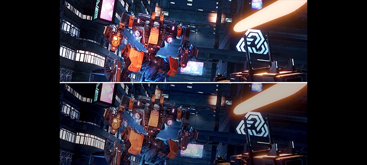 Split screen image of a robot in a futuristic city with image above showing optimised brightness and contrast of FPS Game Picture Mode