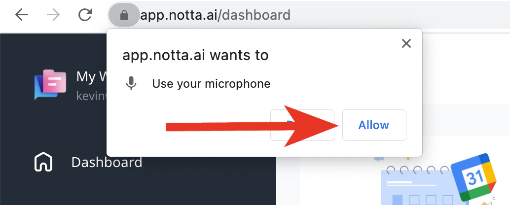 A red arrow points to Allow option on the popup window asking permission to use microphone.